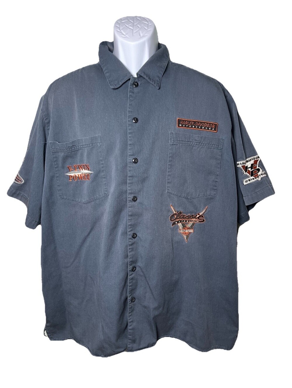 Vtg Harley Davidson Blue/ Gray Button Up Collared Pocket Garage Shirt Mens 2XL